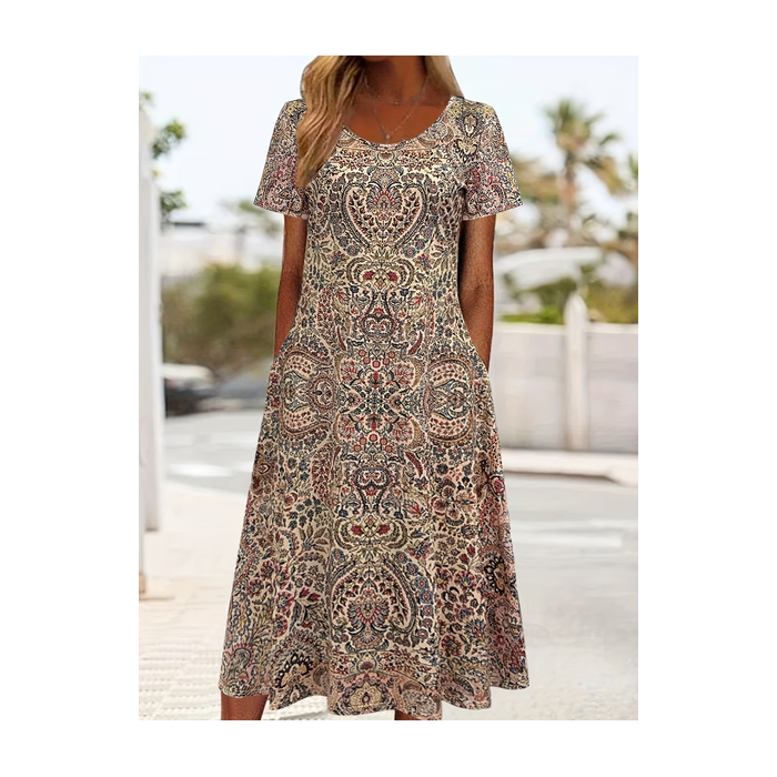 Women Ethnic Short Sleeve Crew Neck Printing Dress Daily Casual Maxi Shift Dress H-Line Summer Dress