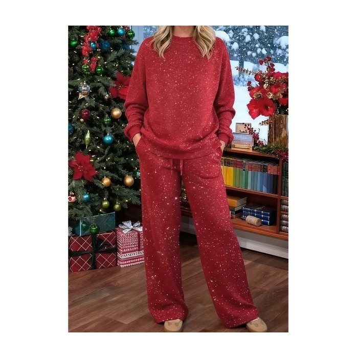 Women Plain Glitter Two-Piece Set Daily Long Sleeve Casual Spring/Fall Top With Pants Matching Set