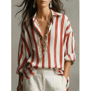 Women Striped Shirt Collar Long Sleeve Shirt Buckle Regular Sleeve Casual Daily Spring/Fall Top