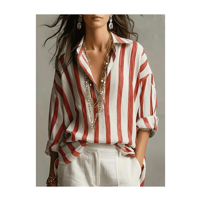 Women Striped Shirt Collar Long Sleeve Shirt Buckle Regular Sleeve Casual Daily Spring/Fall Top
