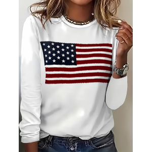 Women America Flag Long Sleeve Tee T-shirt Crew Neck Printing Casual Graphic Tee Spring/Fall Top