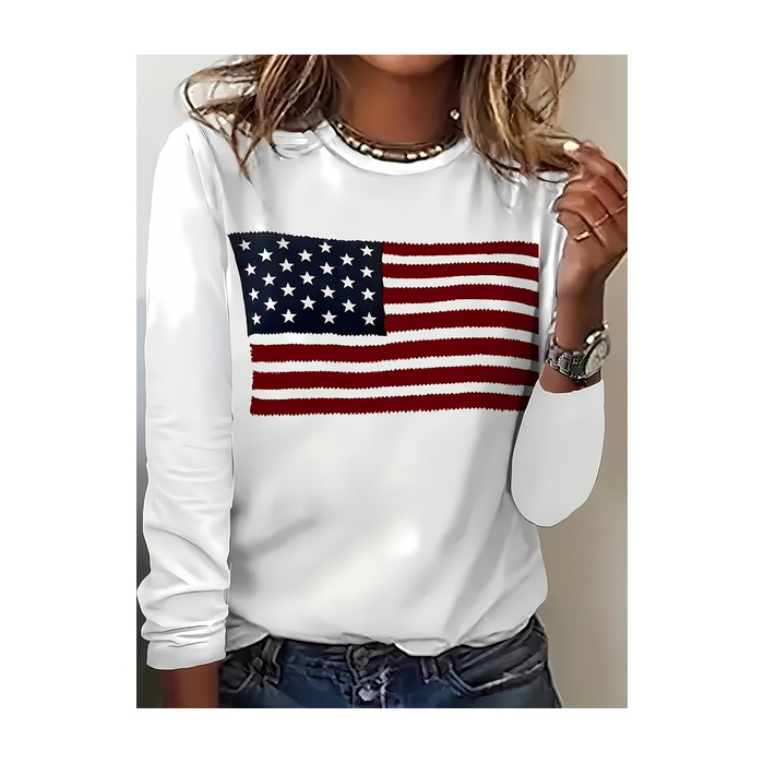 Women America Flag Long Sleeve Tee T-shirt Crew Neck Printing Casual Graphic Tee Spring/Fall Top