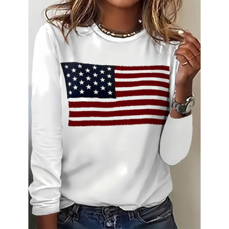 Women America Flag Long Sleeve Tee T-shirt Crew Neck Printing Casual Graphic Tee Spring/Fall Top