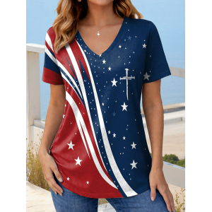 Women America Flag Short Sleeve Tee T-shirt V Neck Printing Vintage Summer Top