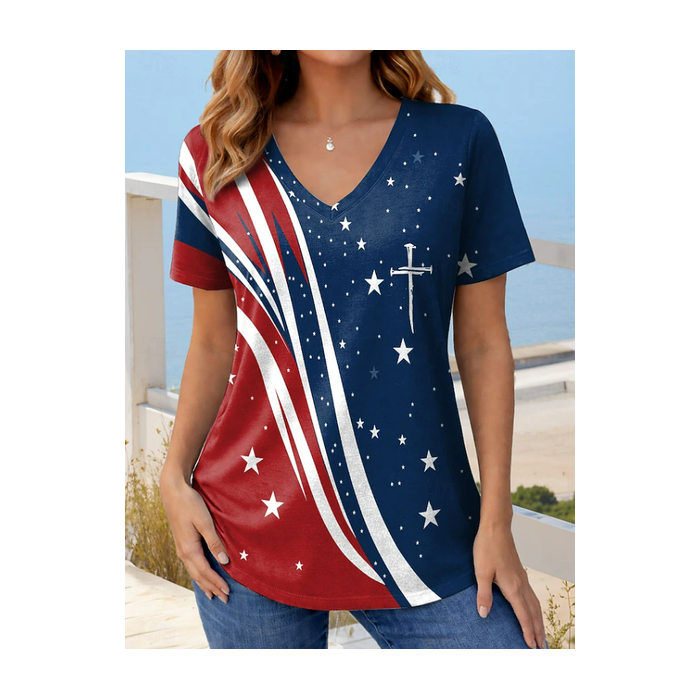 Women America Flag Short Sleeve Tee T-shirt V Neck Printing Vintage Summer Top