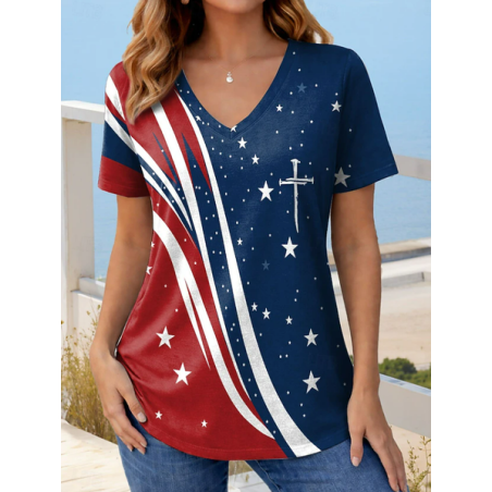 Women America Flag Short Sleeve Tee T-shirt V Neck Printing Vintage Summer Top