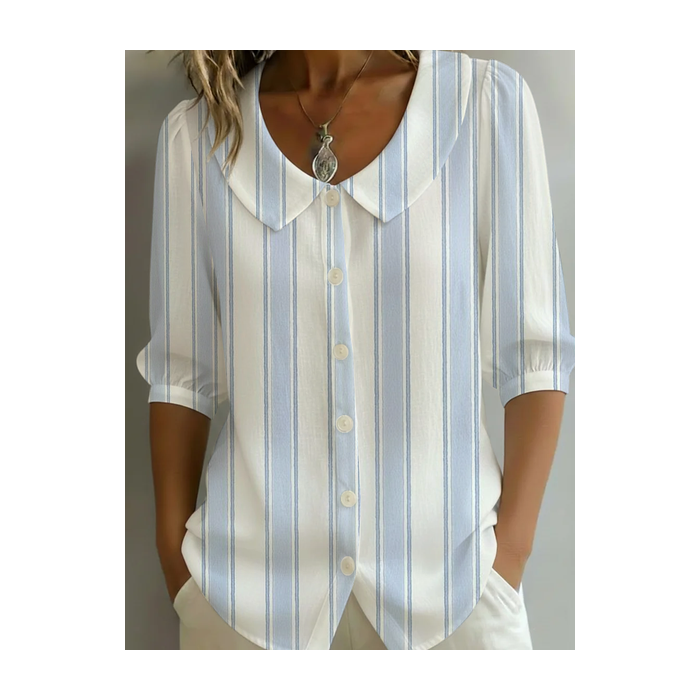 Women Striped Shawl Collar Half Sleeve Shirt Printing Casual Daily Summer Top