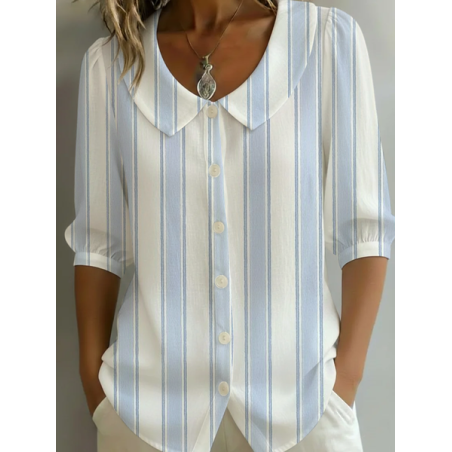 Women Striped Shawl Collar Half Sleeve Shirt Printing Casual Daily Summer Top