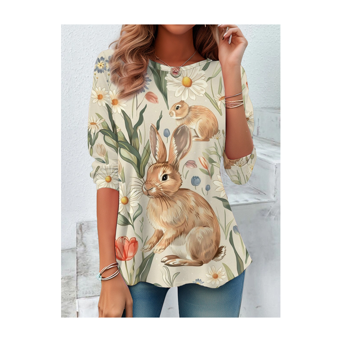 Women's Long Sleeve Tee T-shirt Spring/Fall Floral Printing Crew Neck Casual Graphic Tee Top