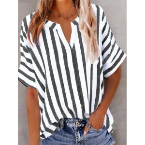 Women Striped V Neck Half Sleeve Shirt Split Joint Casual Daily Summer Top