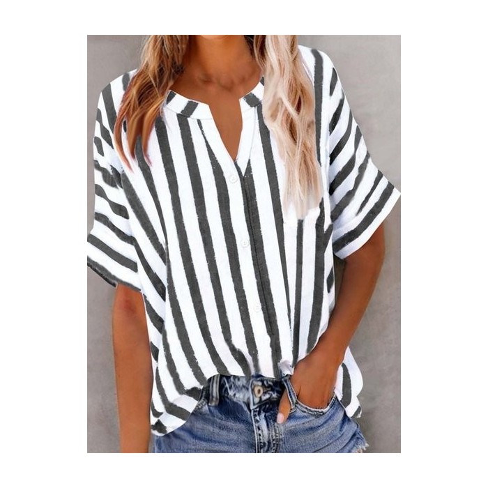 Women Striped V Neck Half Sleeve Shirt Split Joint Casual Daily Summer Top