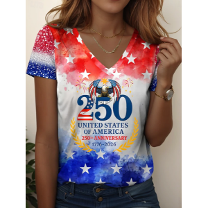 Women Text Letters Short Sleeve Tee T-shirt V Neck Printing Vintage Summer Top