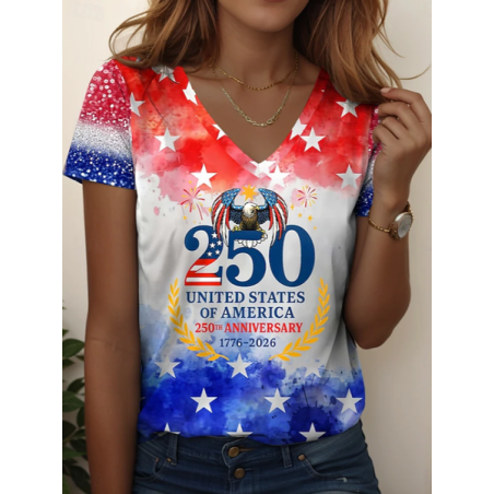 Women Text Letters Short Sleeve Tee T-shirt V Neck Printing Vintage Summer Top