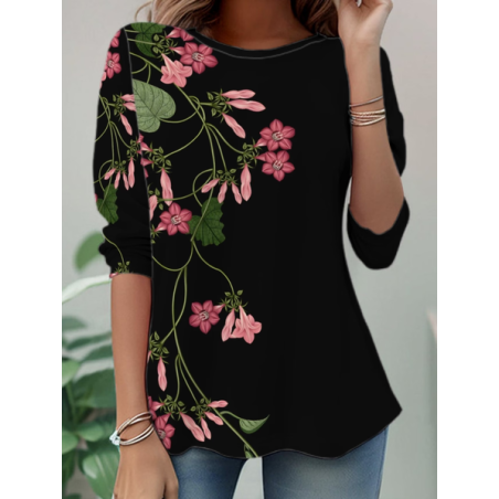 Women Floral Long Sleeve Tee T-shirt Crew Neck Casual Tunic Spring/Fall Top