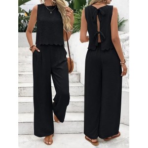 Women Plain Split Joint Two-Piece Set Daily Sleeveless Casual Summer Top With Pants Matching Set