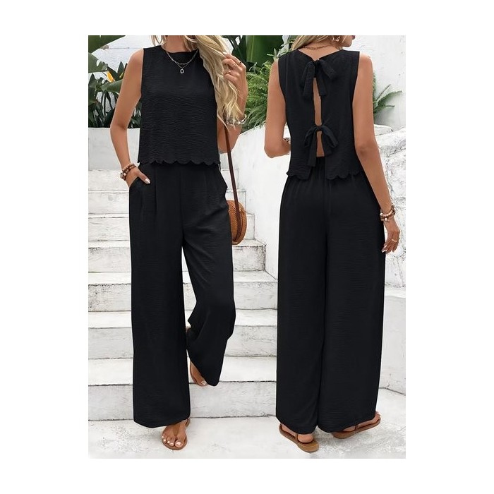 Women Plain Split Joint Two-Piece Set Daily Sleeveless Casual Summer Top With Pants Matching Set