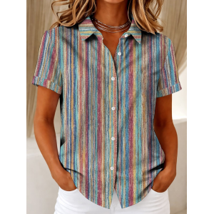 Women Abstract Stripes Shirt Collar Short Sleeve Shirt Printing Casual Daily Summer Top