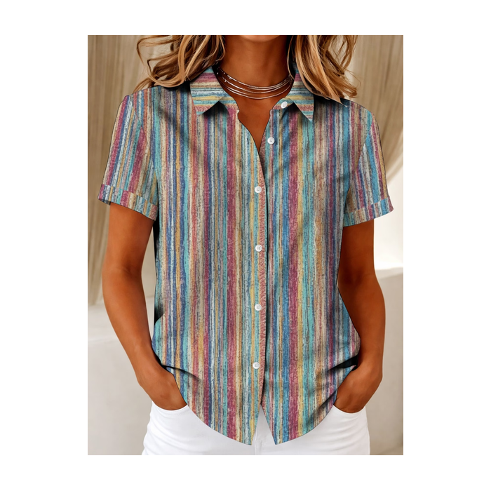 Women Abstract Stripes Shirt Collar Short Sleeve Shirt Printing Casual Daily Summer Top