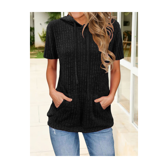 Women Plain Short Sleeve Tee T-shirt Hoodie Split Joint Casual Summer Top