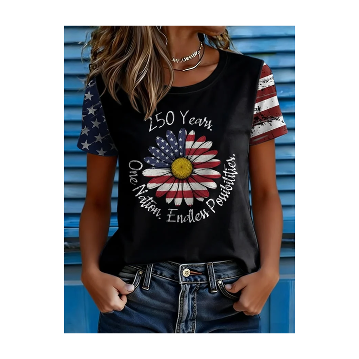 Women Independence Day (Flag) Short Sleeve Tee T-shirt Crew Neck Printing Casual Graphic Tee Summer Top