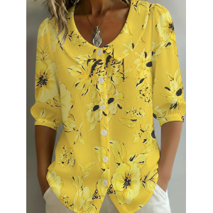Women Floral Shawl Collar Half Sleeve Shirt Printing Casual Daily Summer Top