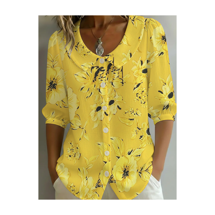 Women Floral Shawl Collar Half Sleeve Shirt Printing Casual Daily Summer Top