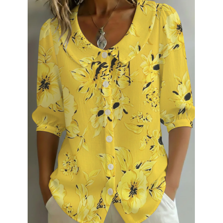 Women Floral Shawl Collar Half Sleeve Shirt Printing Casual Daily Summer Top