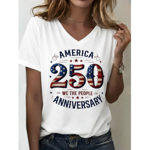 Women Text Letters Short Sleeve Tee T-shirt V Neck Printing Vintage Summer Top