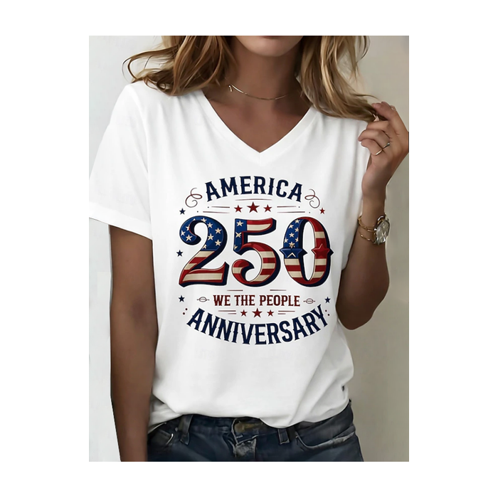 Women Text Letters Short Sleeve Tee T-shirt V Neck Printing Vintage Summer Top