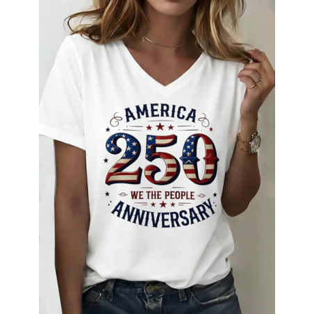 Women Text Letters Short Sleeve Tee T-shirt V Neck Printing Vintage Summer Top