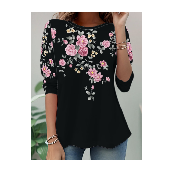 Women Floral Long Sleeve Tee T-shirt Crew Neck Casual Tunic Spring/Fall Top
