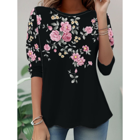 Women Floral Long Sleeve Tee T-shirt Crew Neck Casual Tunic Spring/Fall Top