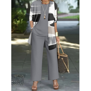 Women Abstract Printing Matching Outfit Daily Long Sleeve Casual Spring/Fall Multi-Piece Set Matching Set
