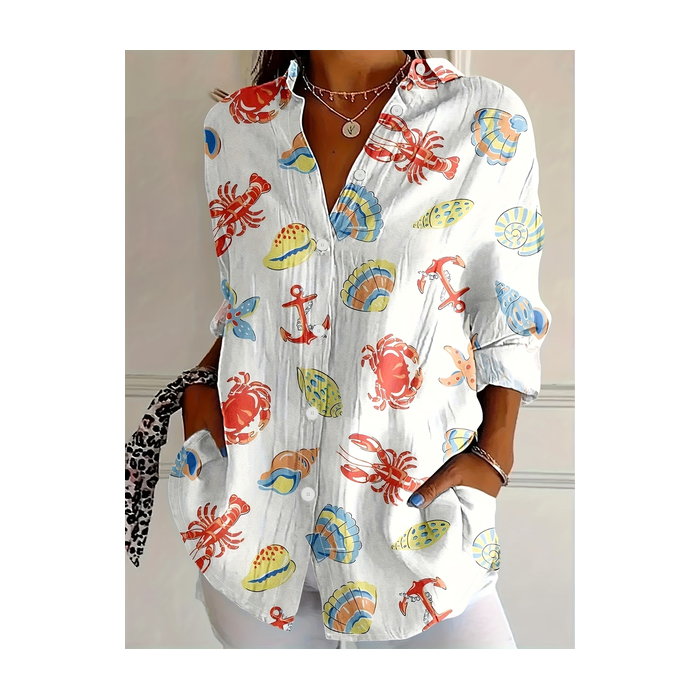 Women Marine Life Shirt Collar Long Sleeve Shirt Buckle Regular Sleeve Casual Daily Spring/Fall Top