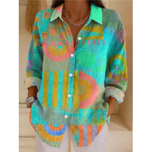 Women Abstract Shirt Collar Long Sleeve Shirt Buckle Regular Sleeve Casual Daily Spring/Fall Top