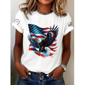 Women Eagle Old Glory Short Sleeve Tee T-shirt Crew Neck Printing Casual Graphic Tee Summer Top