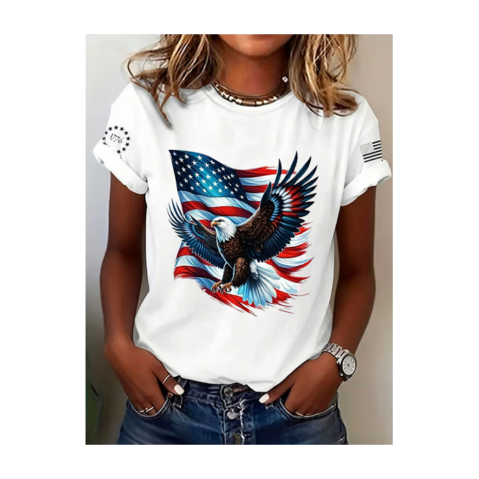 Women Eagle Old Glory Short Sleeve Tee T-shirt Crew Neck Printing Casual Graphic Tee Summer Top