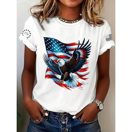 Women Eagle Old Glory Short Sleeve Tee T-shirt Crew Neck Printing Casual Graphic Tee Summer Top