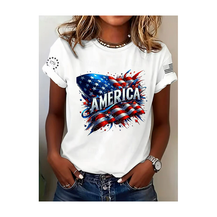 Women Independence Day (Flag) Short Sleeve Tee T-shirt Crew Neck Printing Casual Graphic Tee Summer Top