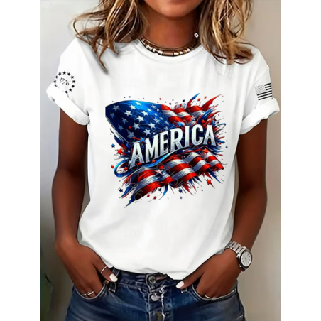 Women Independence Day (Flag) Short Sleeve Tee T-shirt Crew Neck Printing Casual Graphic Tee Summer Top