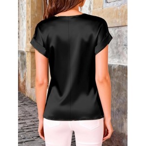 Women Plain Short Sleeve Tee T-shirt Crew Neck Split Joint Casual Summer Top