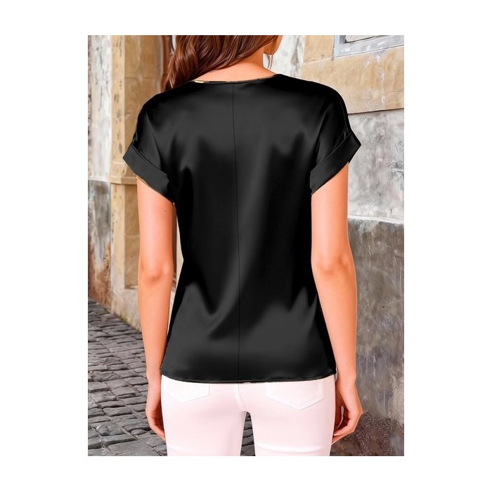 Women Plain Short Sleeve Tee T-shirt Crew Neck Split Joint Casual Summer Top