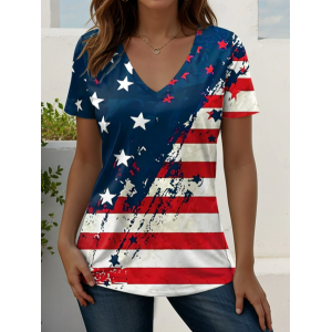 Women Star Short Sleeve Tee T-shirt V Neck Printing Vintage Summer Top