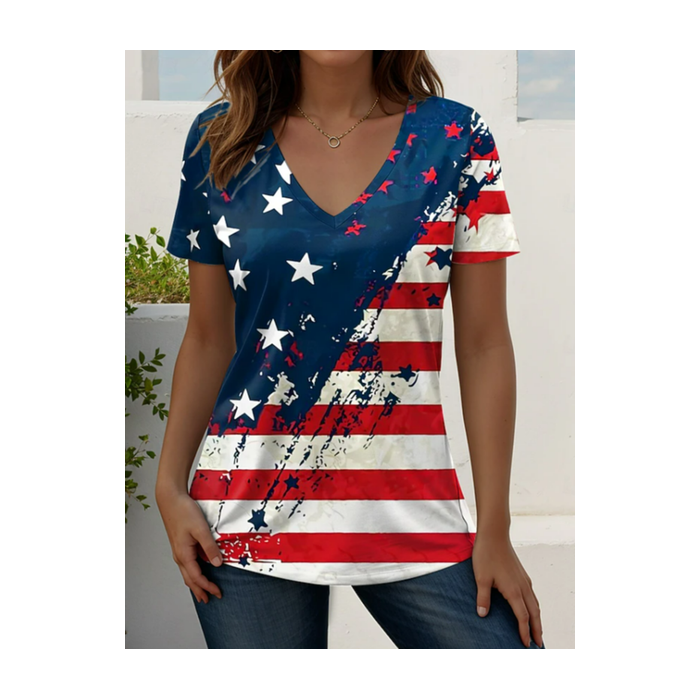 Women Star Short Sleeve Tee T-shirt V Neck Printing Vintage Summer Top