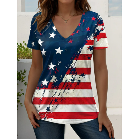 Women Star Short Sleeve Tee T-shirt V Neck Printing Vintage Summer Top