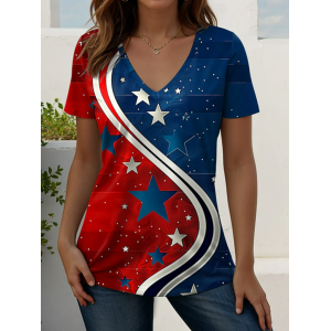 Women Star Short Sleeve Tee T-shirt V Neck Printing Vintage Summer Top