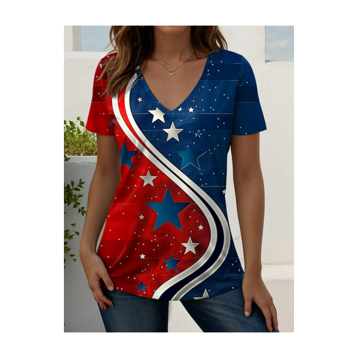 Women Star Short Sleeve Tee T-shirt V Neck Printing Vintage Summer Top