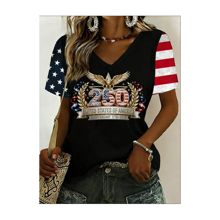 Women Text Letters Short Sleeve Tee T-shirt V Neck Printing Vintage Summer Top