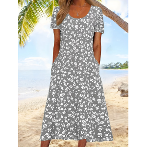 Women Floral Short Sleeve Crew Neck Printing Dress Daily Casual Maxi Shift Dress H-Line Summer Dress