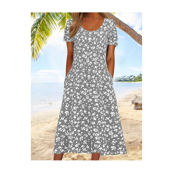 Women Floral Short Sleeve Crew Neck Printing Dress Daily Casual Maxi Shift Dress H-Line Summer Dress